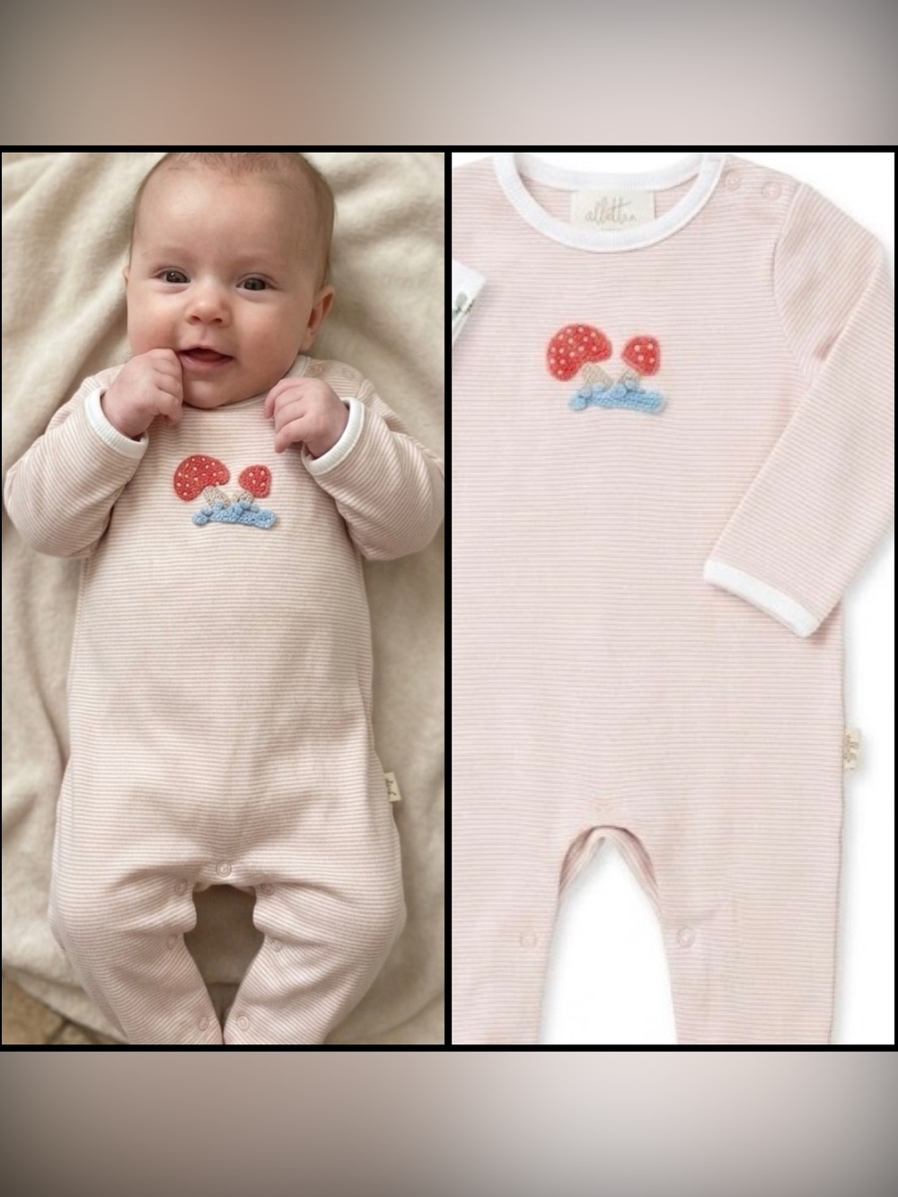 Albetta Crochet Nature Soft Pink Toadstool Mushroom Appliqué 0-3 mon Baby Romper